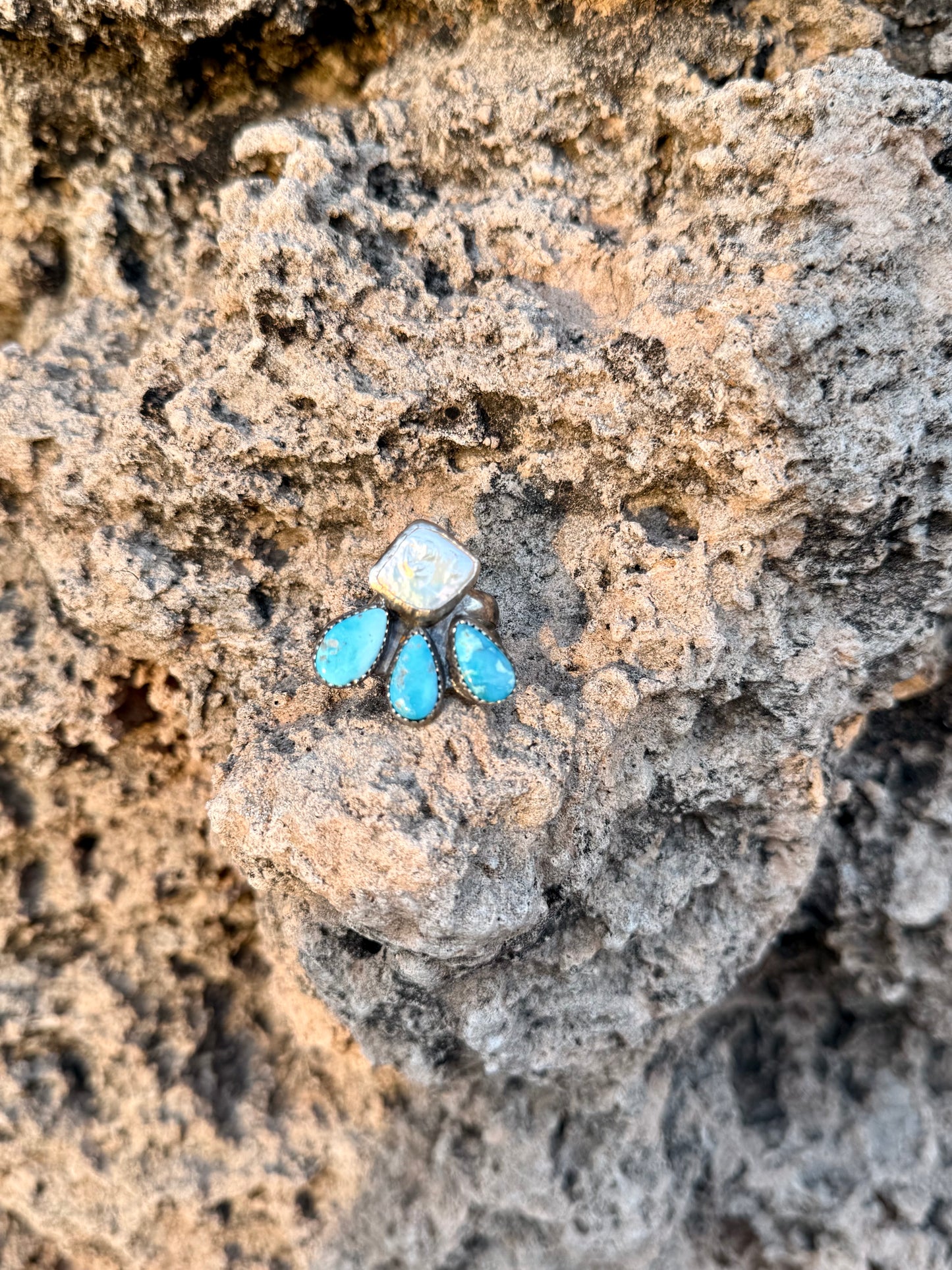 Pearl + Blue Bird Turquoise Ring Size 7