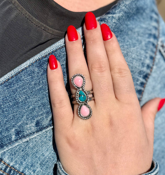 Pink Conch + Turquoise Ring Size 6.5