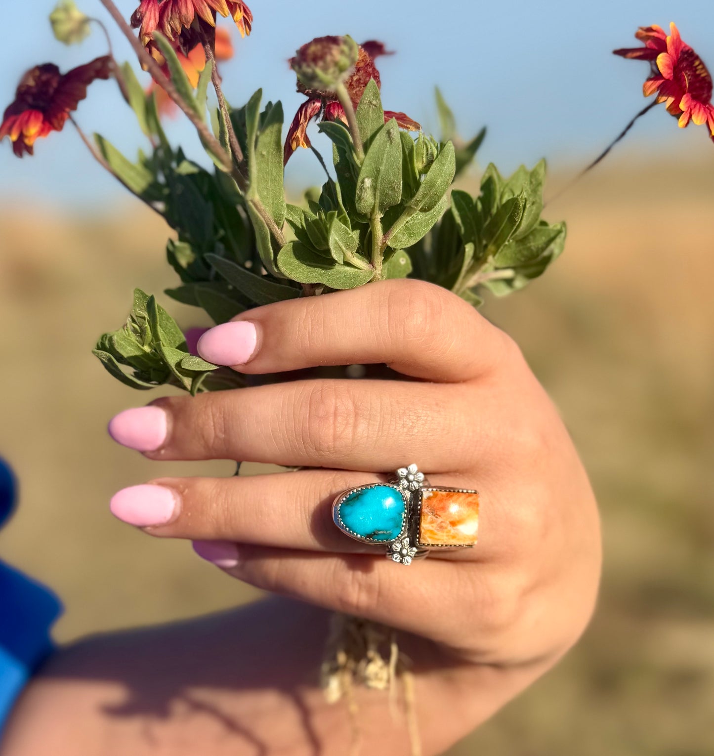 Orange Spiny Oyster + Turquoise Ring Size 7