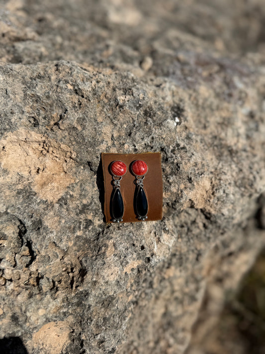 Red Spiny Oyster + Black Onyx Dangles