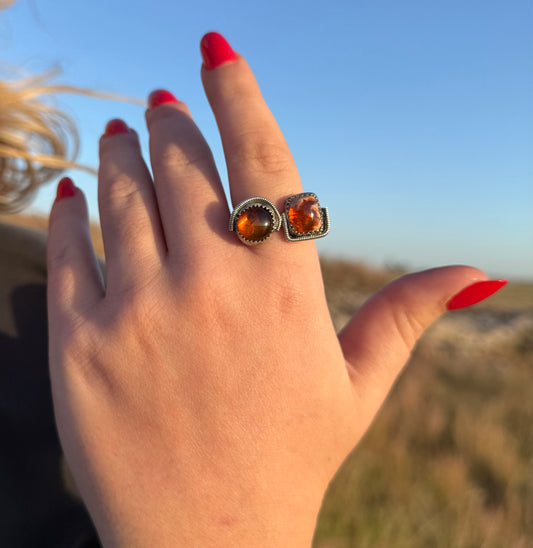 Mexican Fire Opal + Baltic Amber Ring Size 8.5