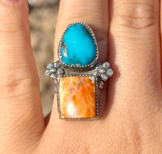 Orange Spiny Oyster + Turquoise Ring Size 7