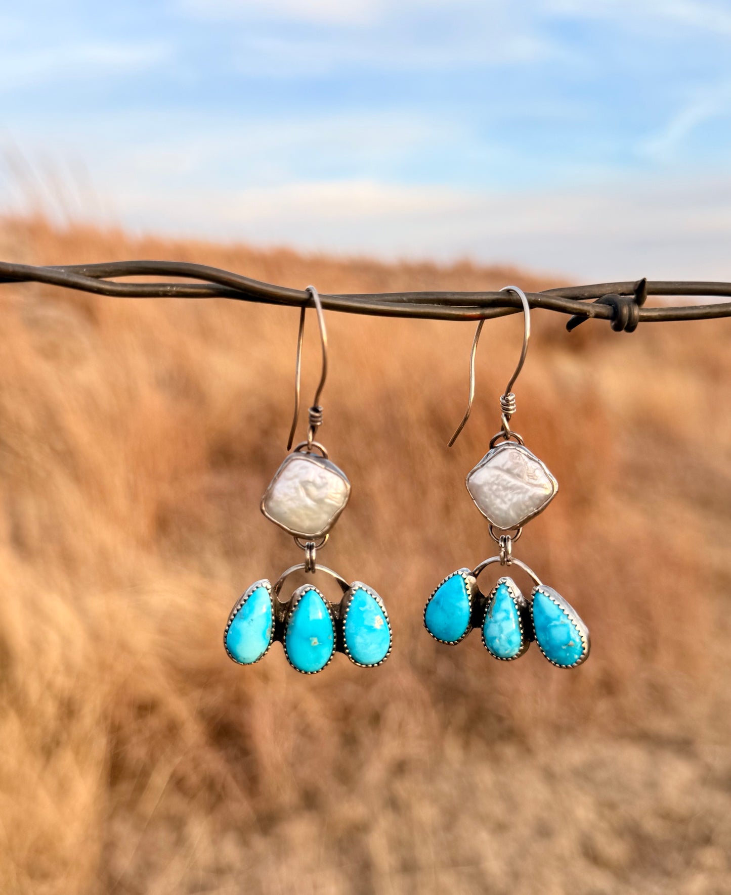 Freshwater Pearl + Blue Bird Turquoise Dangling Earrings