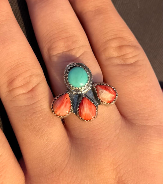 Red Spiny Oyster + Turquoise Ring Size 8