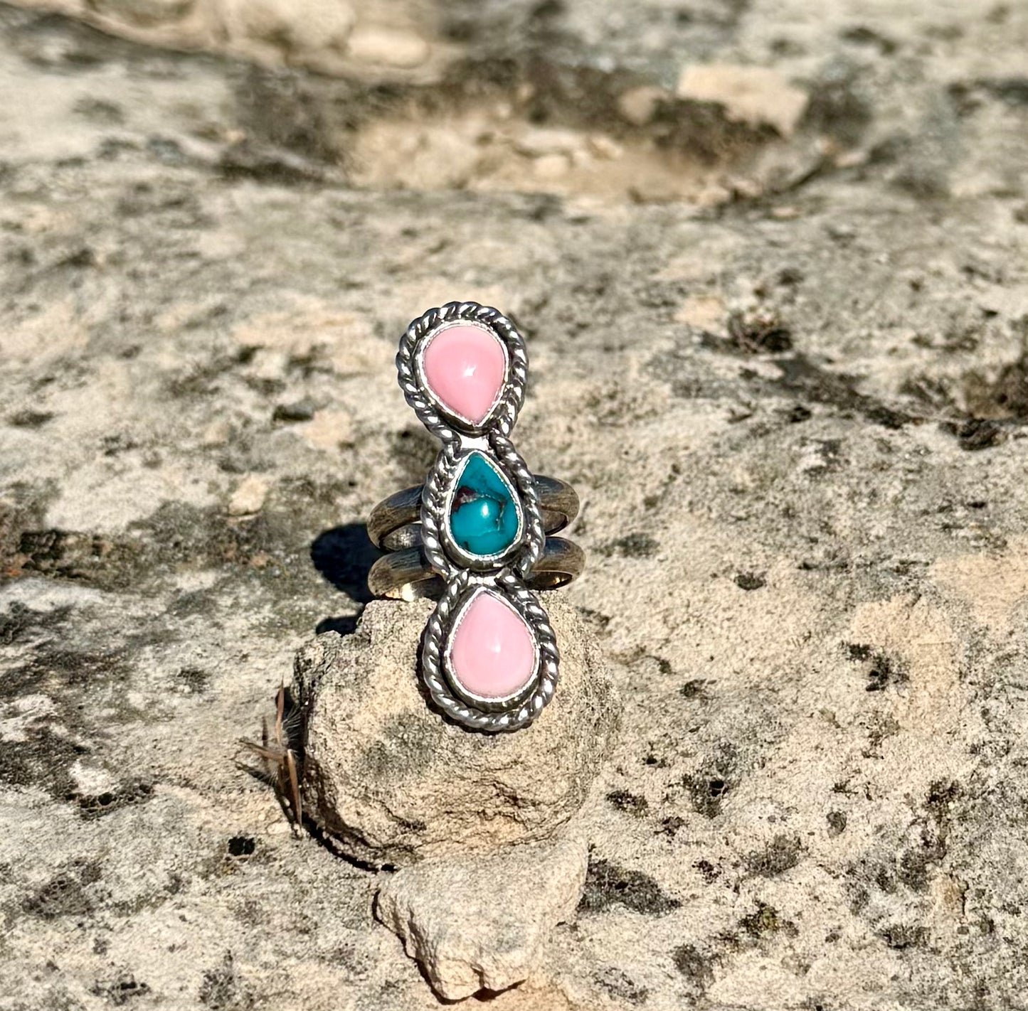 Pink Conch + Turquoise Ring Size 6.5
