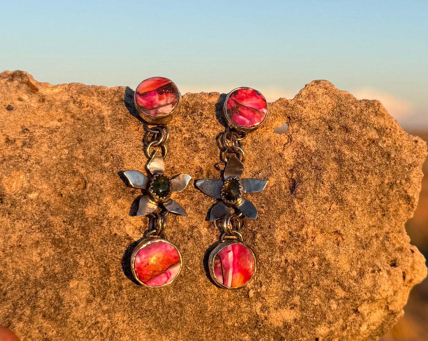 Pink Spiny Oyster + Green Tourmaline Flowers