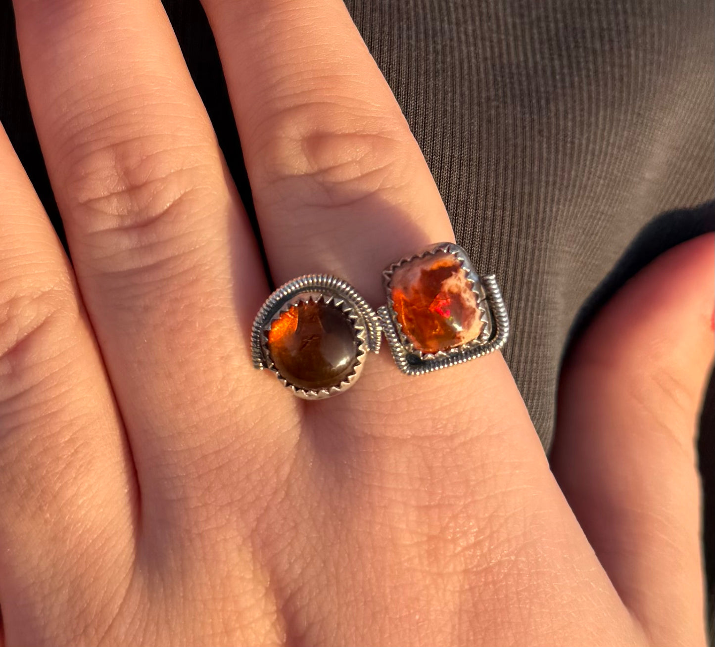 Mexican Fire Opal + Baltic Amber Ring Size 8.5