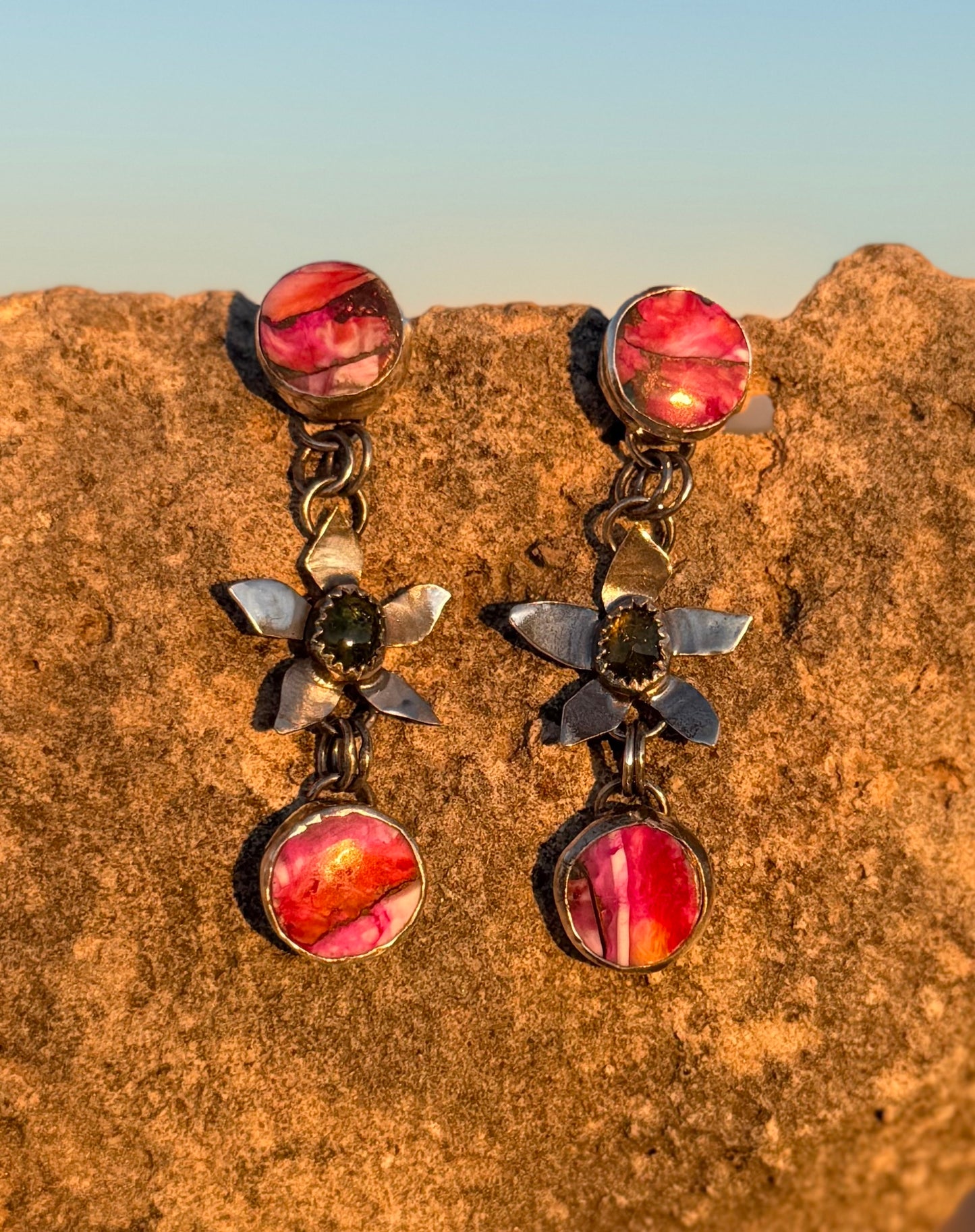 Pink Spiny Oyster + Green Tourmaline Flowers