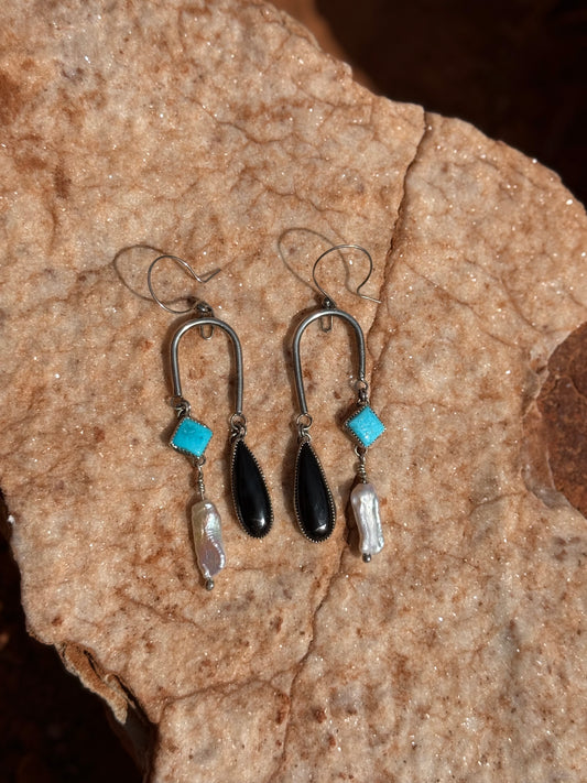 Turquoise + Black Onyx + Freshwater Pearl Dangling Necklace