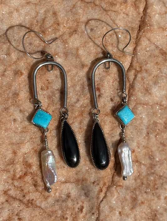 Turquoise + Black Onyx + Freshwater Pearl Dangling Necklace