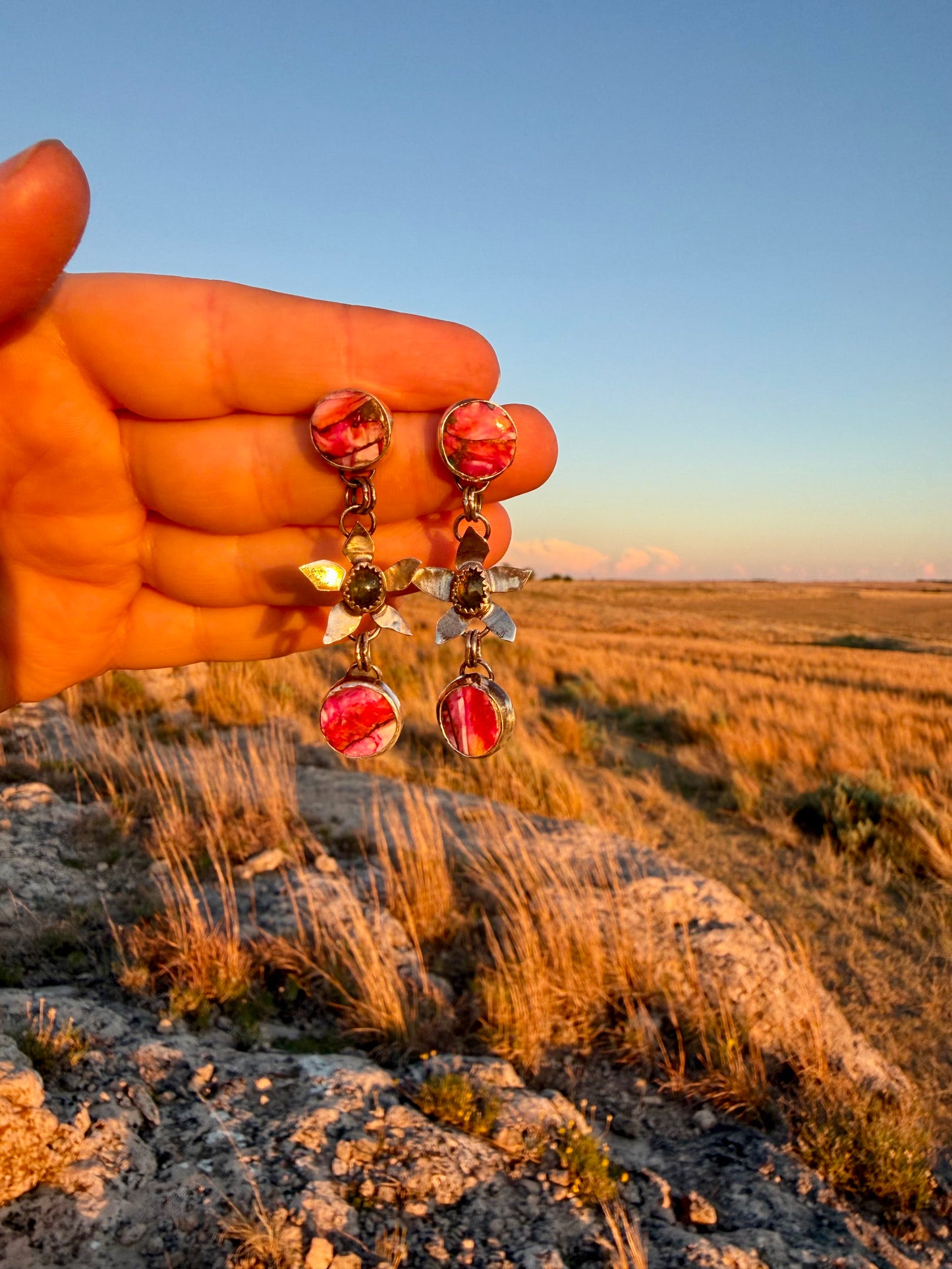 Pink Spiny Oyster + Green Tourmaline Flowers