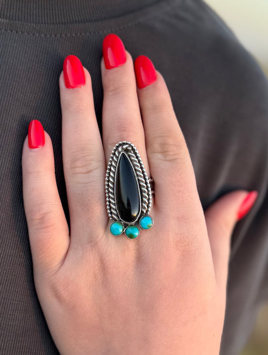 Black Onyx + Turquoise Ring Size 9
