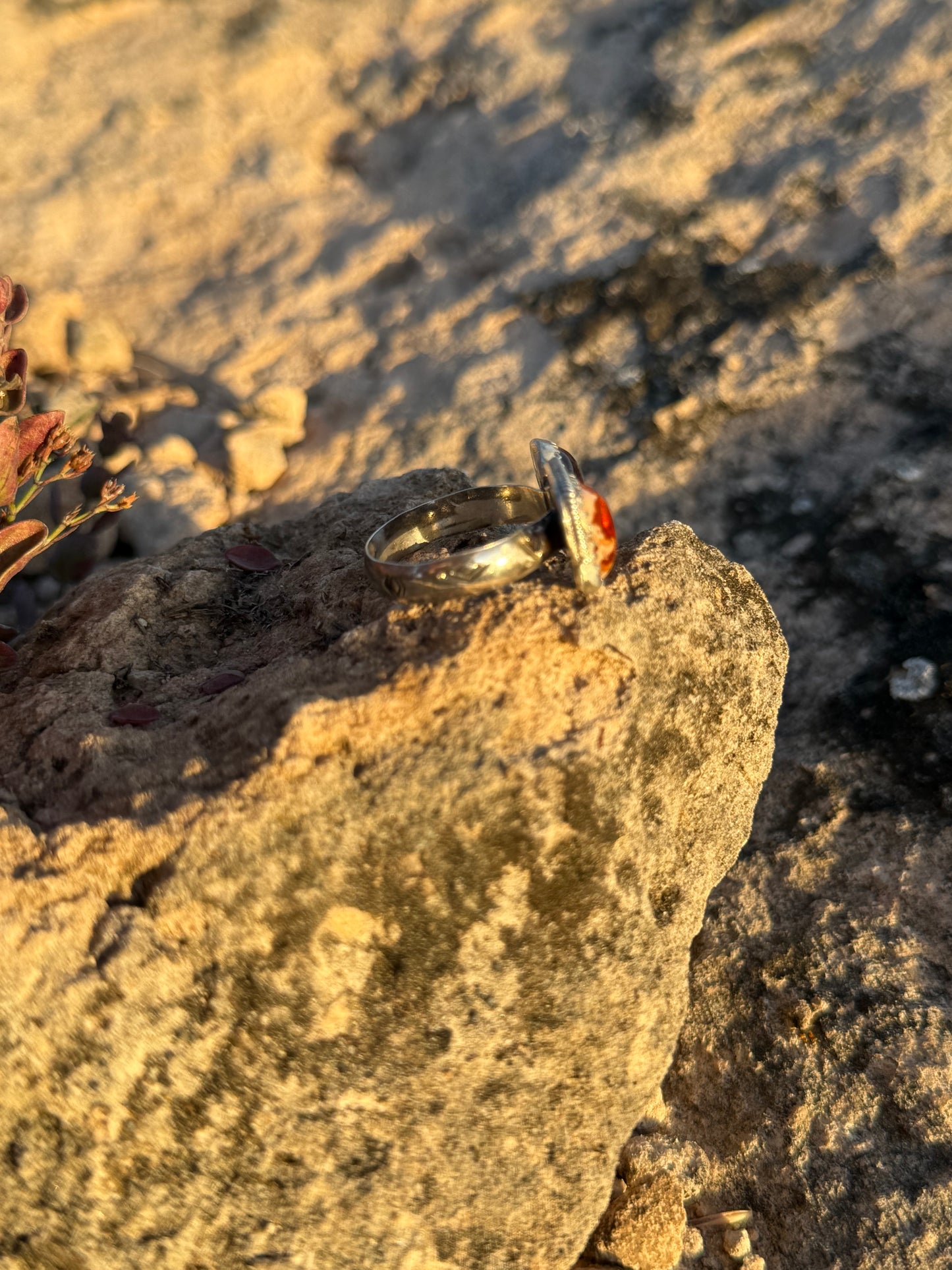 Mexican Fire Opal + Baltic Amber Ring Size 8.5