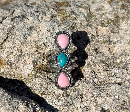 Pink Conch + Turquoise Ring Size 8