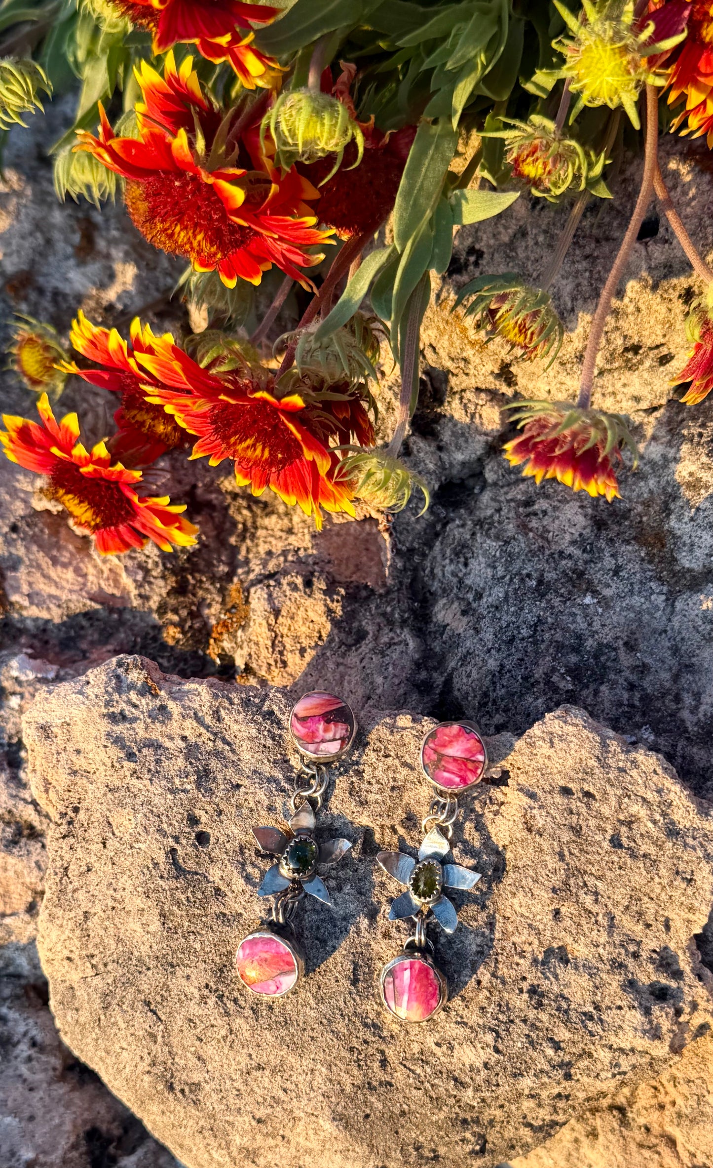 Pink Spiny Oyster + Green Tourmaline Flowers