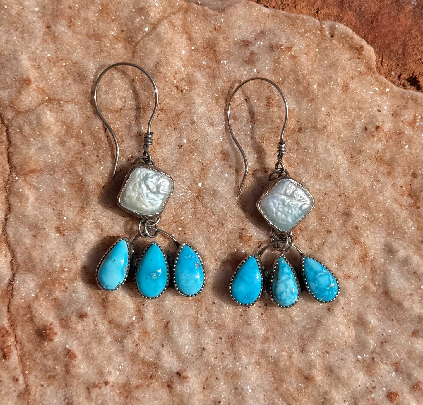 Freshwater Pearl + Blue Bird Turquoise Dangling Earrings
