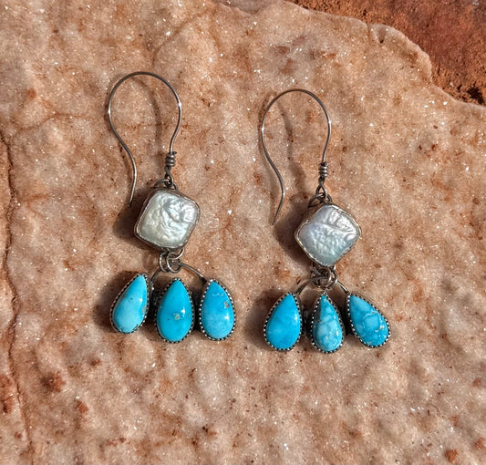 Freshwater Pearl + Blue Bird Turquoise Dangling Earrings