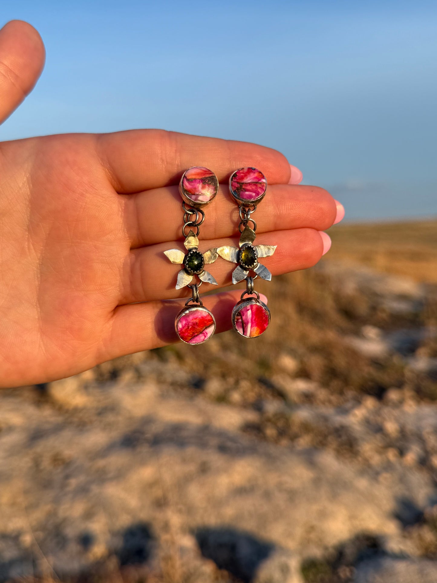 Pink Spiny Oyster + Green Tourmaline Flowers