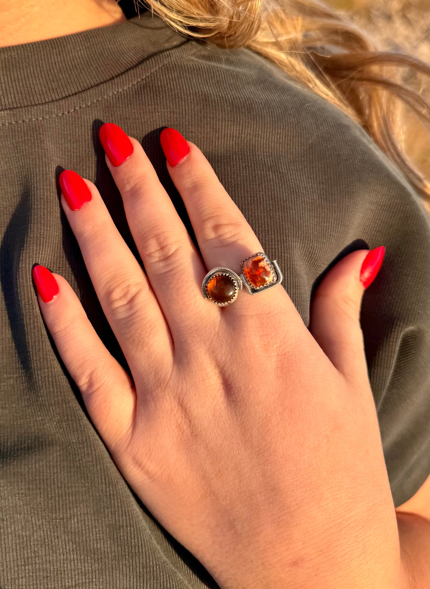 Mexican Fire Opal + Baltic Amber Ring Size 8.5