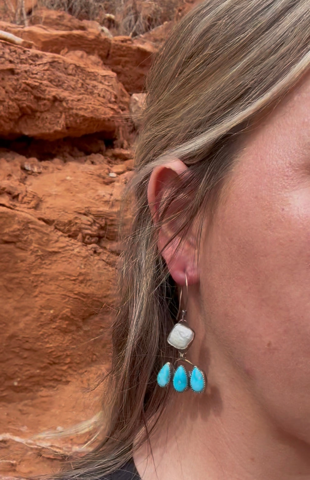 Freshwater Pearl + Blue Bird Turquoise Dangling Earrings