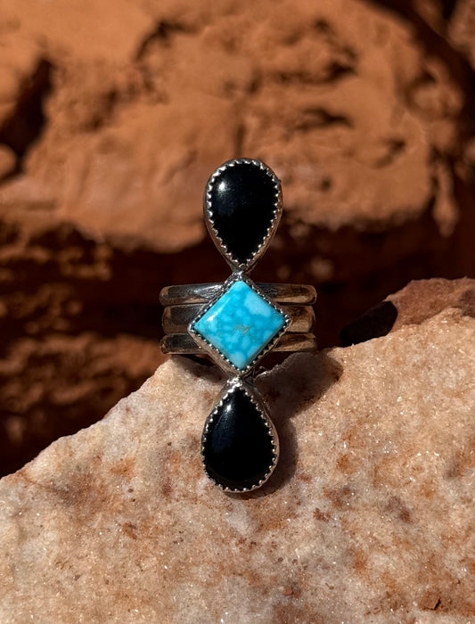 Black Onyx + Blue Bird Turquoise Ring Size 9.5