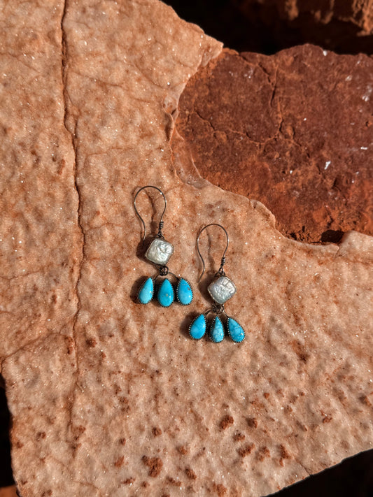 Freshwater Pearl + Blue Bird Turquoise Dangling Earrings
