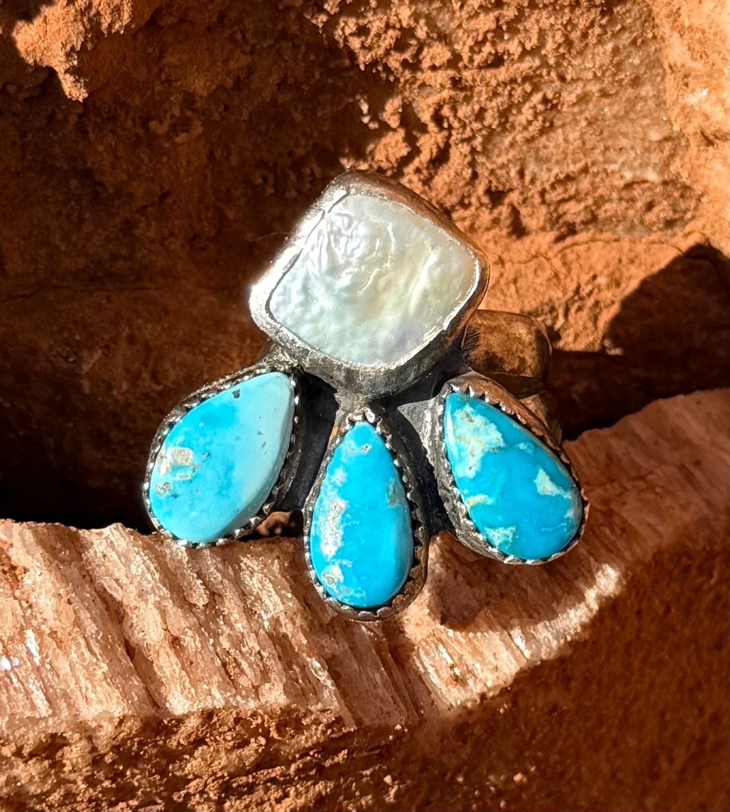 Pearl + Blue Bird Turquoise Ring Size 7