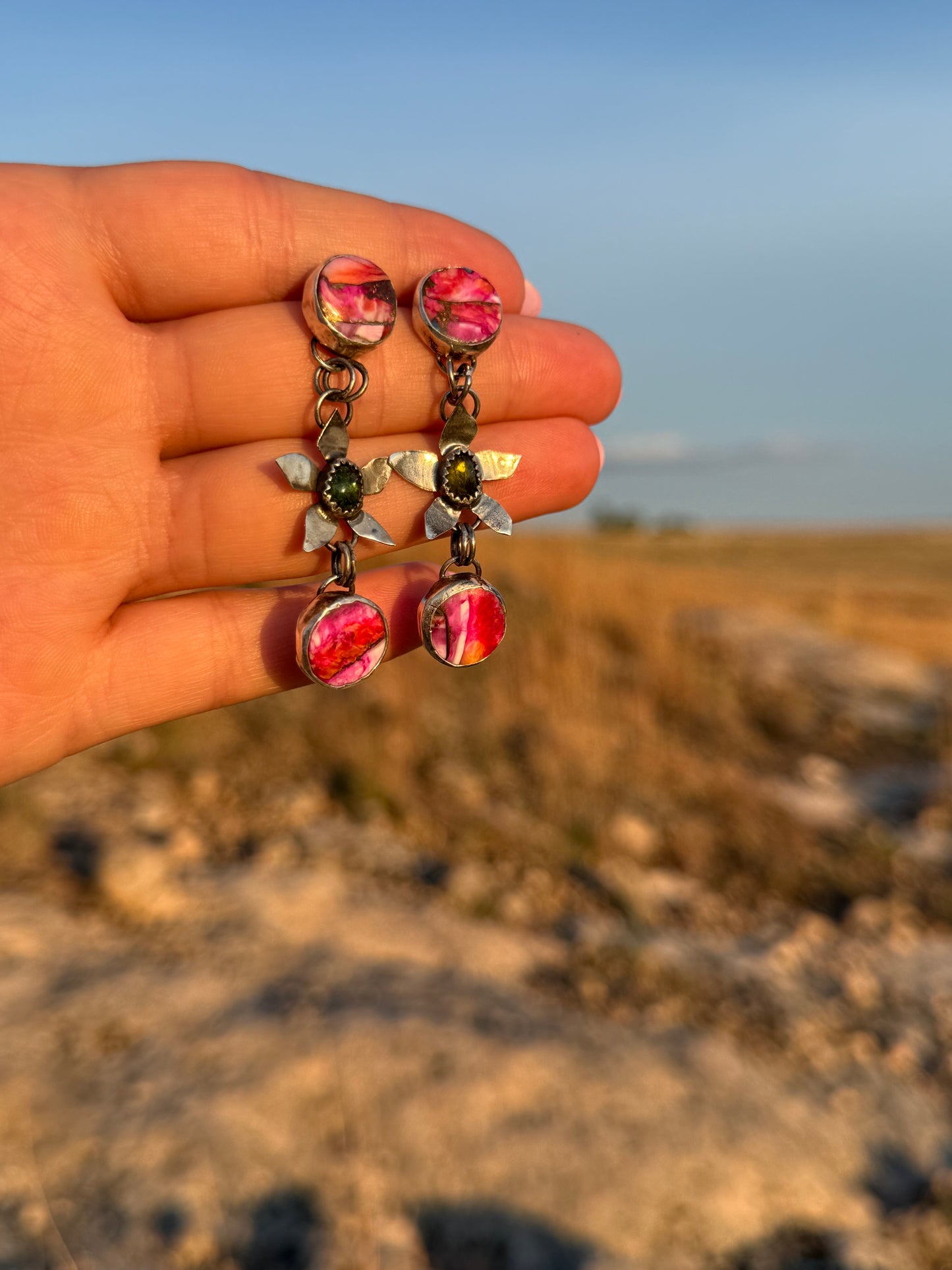 Pink Spiny Oyster + Green Tourmaline Flowers
