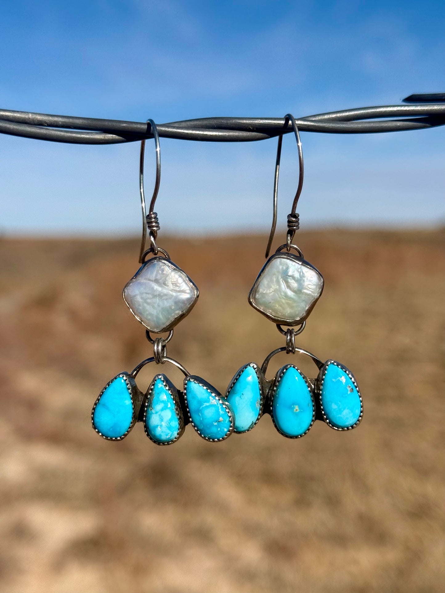 Freshwater Pearl + Blue Bird Turquoise Dangling Earrings