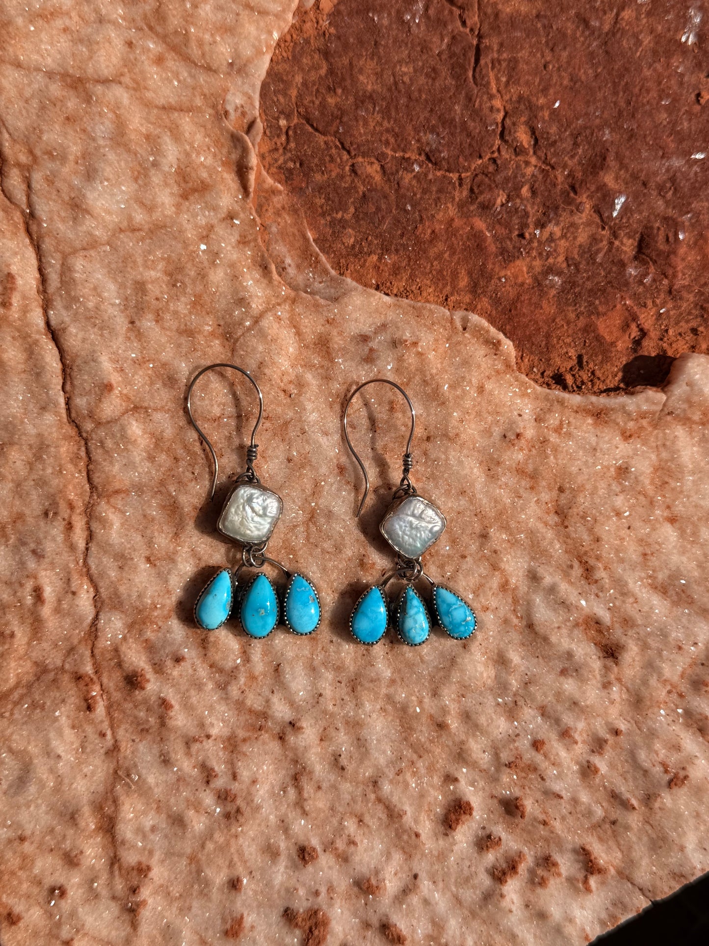 Freshwater Pearl + Blue Bird Turquoise Dangling Earrings
