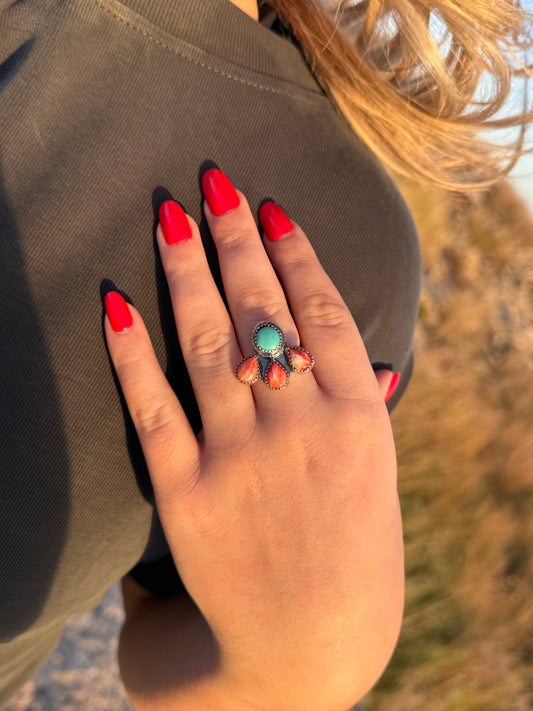 Red Spiny Oyster + Turquoise Ring Size 8
