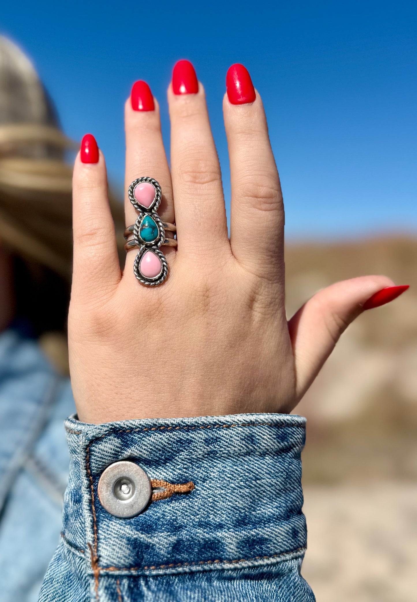 Pink Conch + Turquoise Ring Size 6.5