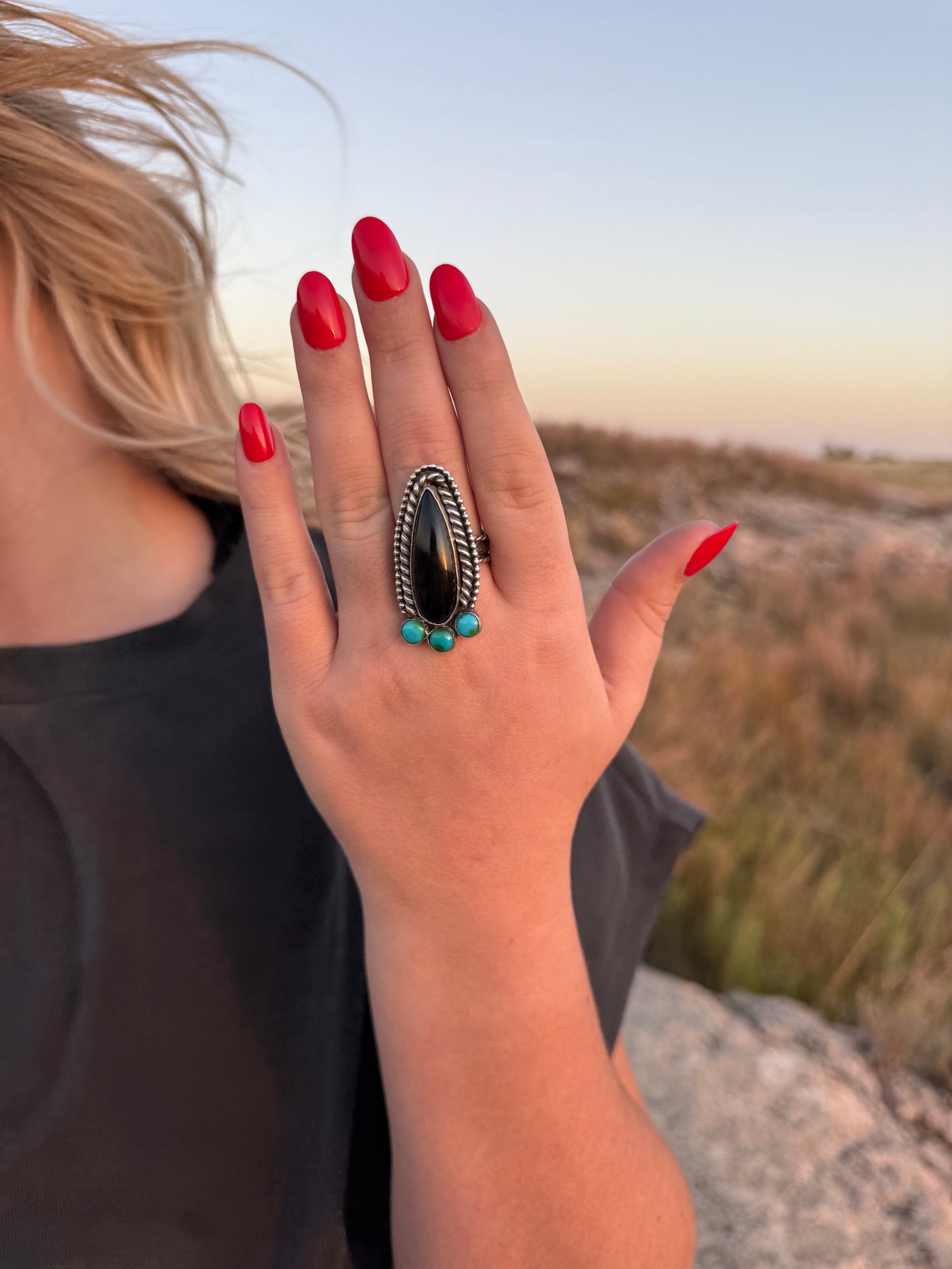 Black Onyx + Turquoise Ring Size 9