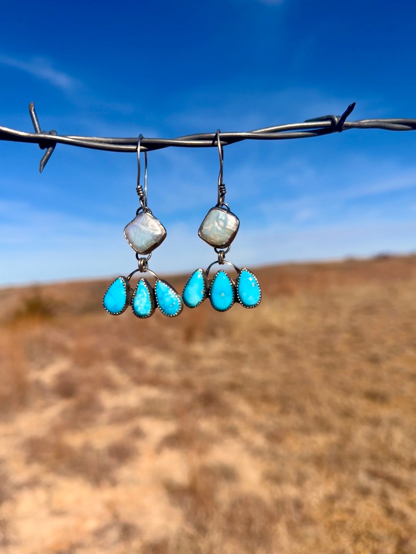 Freshwater Pearl + Blue Bird Turquoise Dangling Earrings