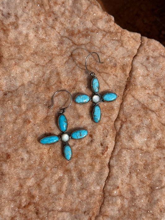 Turquoise + Mother of Pearl Dangling Earrings