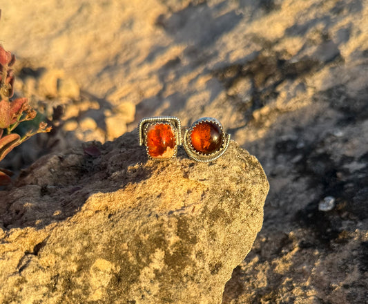 Mexican Fire Opal + Baltic Amber Ring Size 8.5