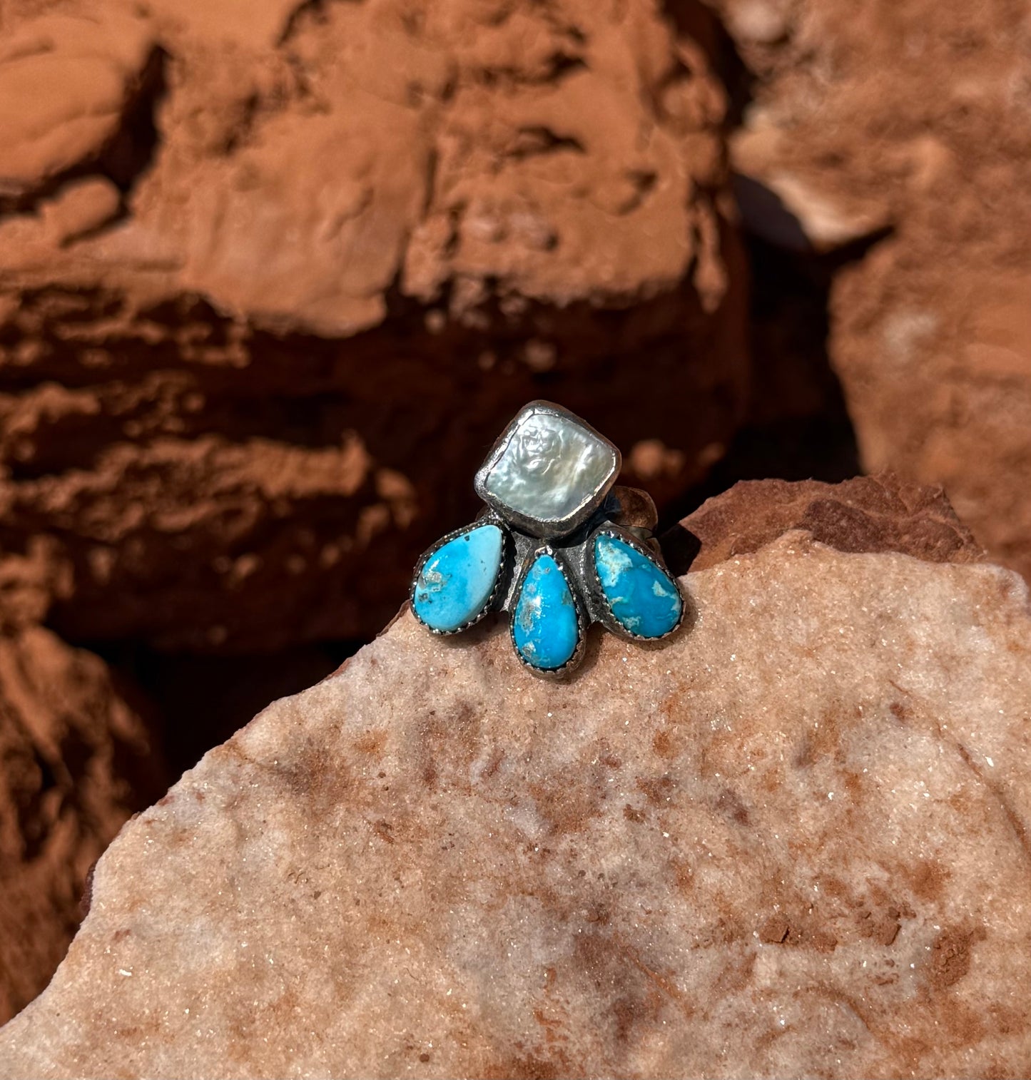 Pearl + Blue Bird Turquoise Ring Size 7