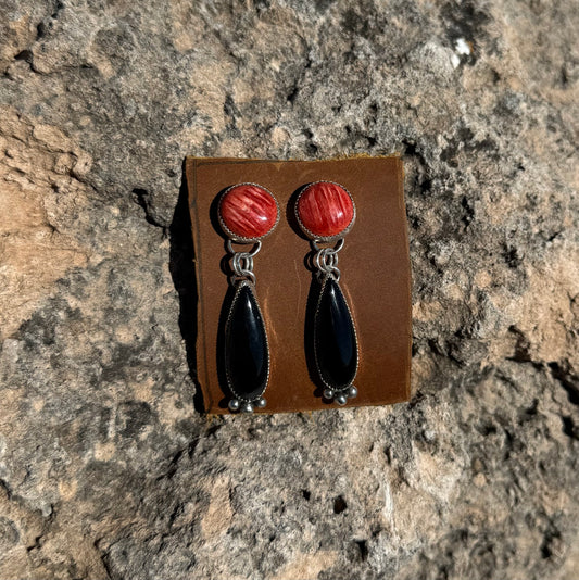 Red Spiny Oyster + Black Onyx Dangles
