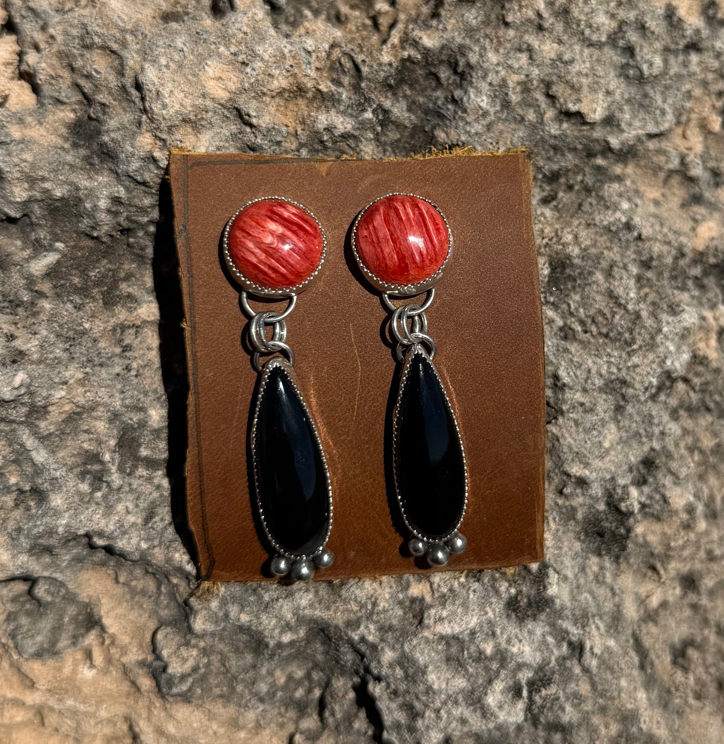 Red Spiny Oyster + Black Onyx Dangles